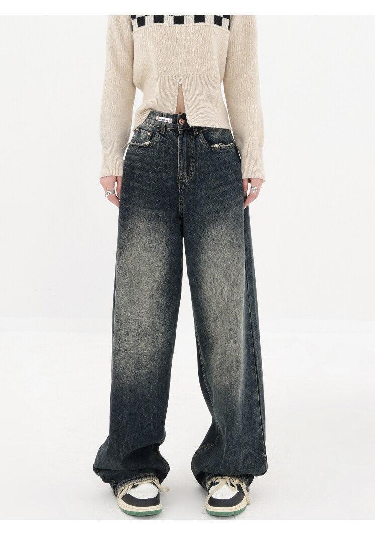 【ACUBI CLUB】flow damage denim wide pants Y2K Baggy Jeans Women Fairy Wide Leg Trousers Acubi Hiphop
