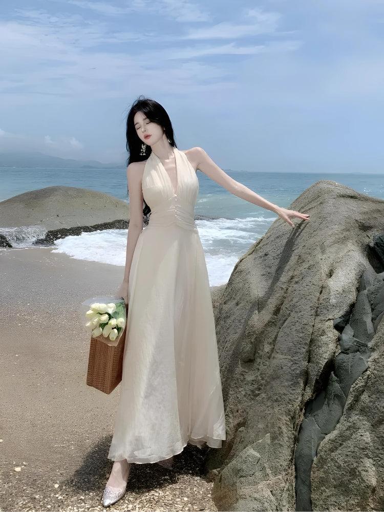 knee length dresses for ladies Backless Halter Neck Maxi Dress