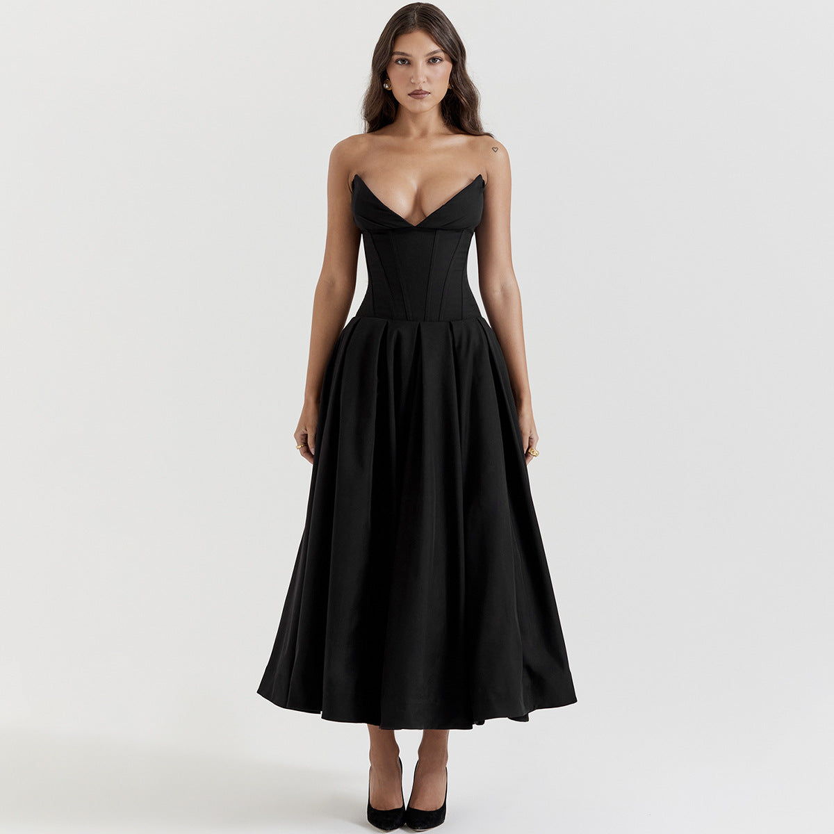 white christmas dresses Black Plunge Corset Midi Dress