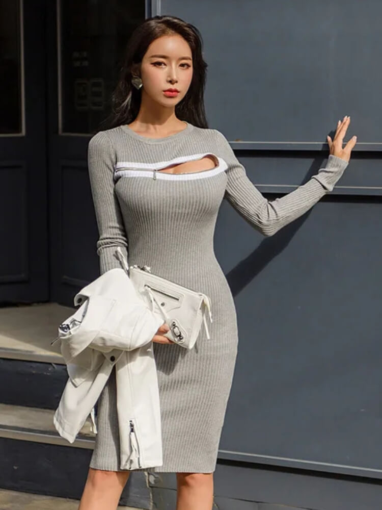 Chest Zipper Cut-Out Midi Dress - Litlookz Studio Chest Zipper Cut-Out Midi Dress - Litlookz Studio