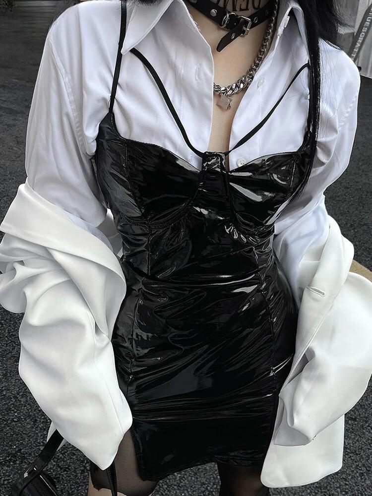 Cyberpunk Faux Patent Leather Mini Dress - Litlookz Studio Cyberpunk Faux Patent Leather Mini Dress - Litlookz Studio