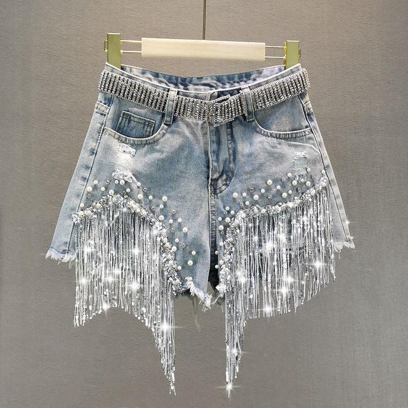 Litlookz Studio Disco Cowgirl Rhinestone Fringe Denim Shorts