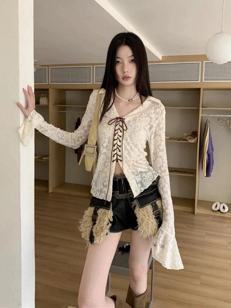 Fairy Grunge Transparent Lace Blouse Beige S