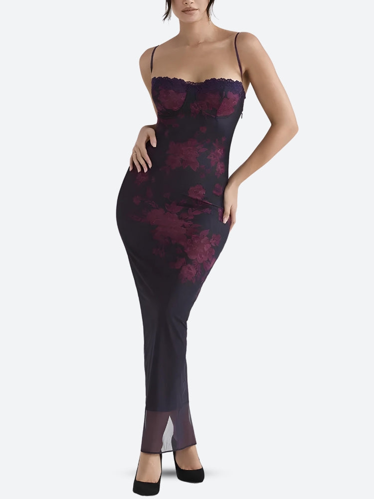 Floral Bodycon Lace Up Mesh Maxi Dress Floral Bodycon Lace Up Mesh Maxi Dress