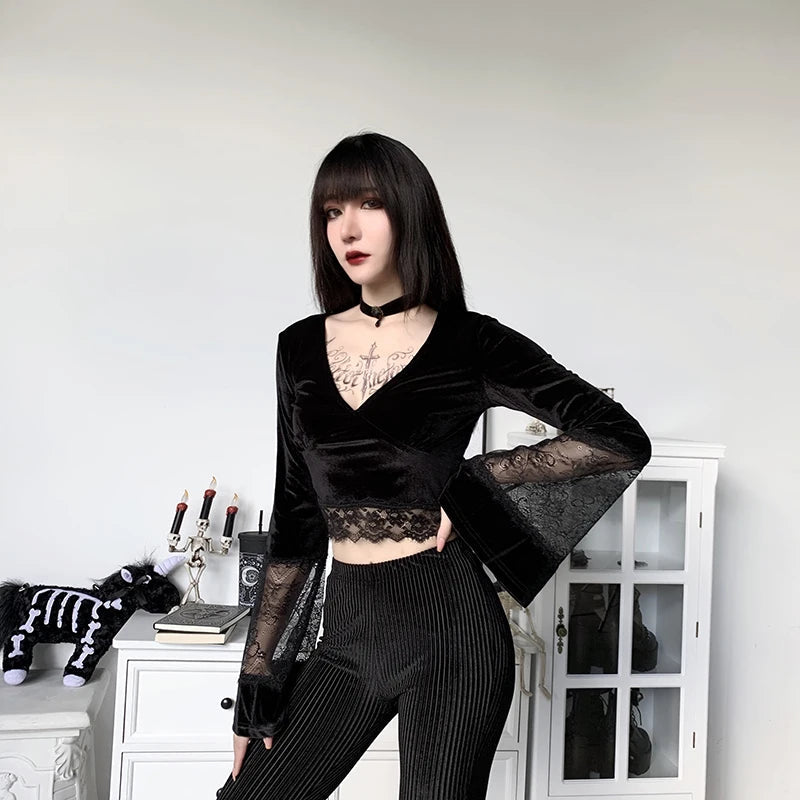 【glamlips】Lace Flare Cuff Tassel Tops Goth Lace Flare Cuffs Crop Top - Litlookz Studio