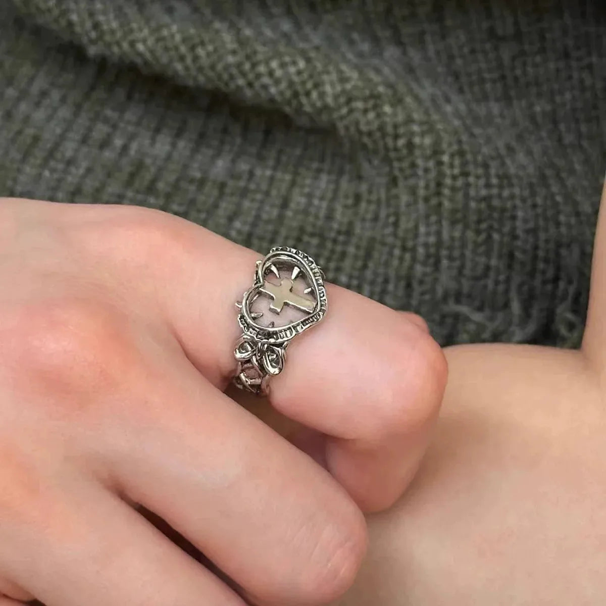 Goth Spiked Heart Cross Ring