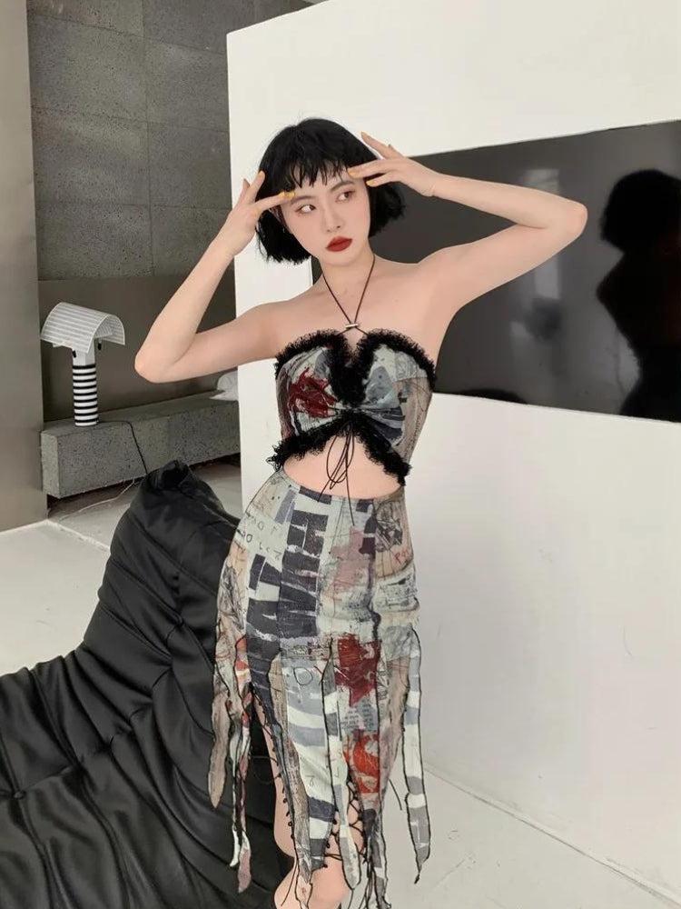 slim fit dress slacks Y2K Orsay Fairy Paisley Print Midi Grunge Asymmetric Hem Dress