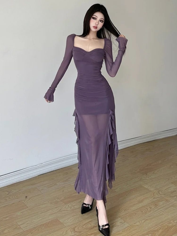 long sleeve midi dress with split Nasty Gal Women's Plunging V-Neckline Split Long Sleeve Midi Dress in Black