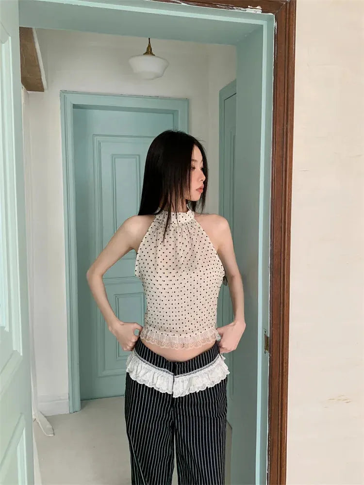Polka Dot V Neck Back Tie Halter Crop Top main image 1