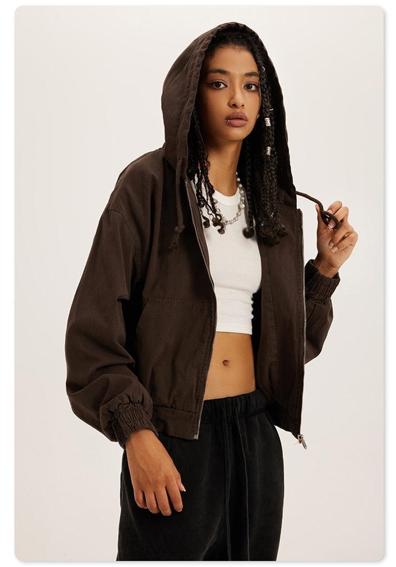 Cropped Zip-Up Hoodie - Brown