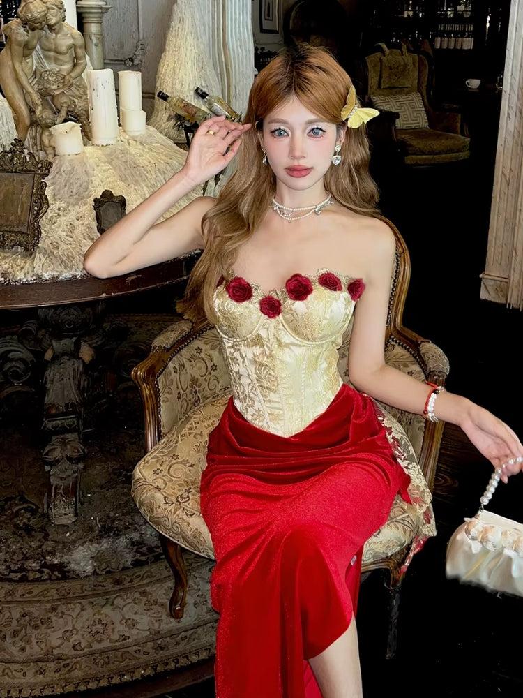 white christmas dresses Red Corset Midi Dress with Long Mesh Sleeves & Lace Trim | Women's Bodycon  Sweetheart Neckline Cocktail Party Dress main image 1