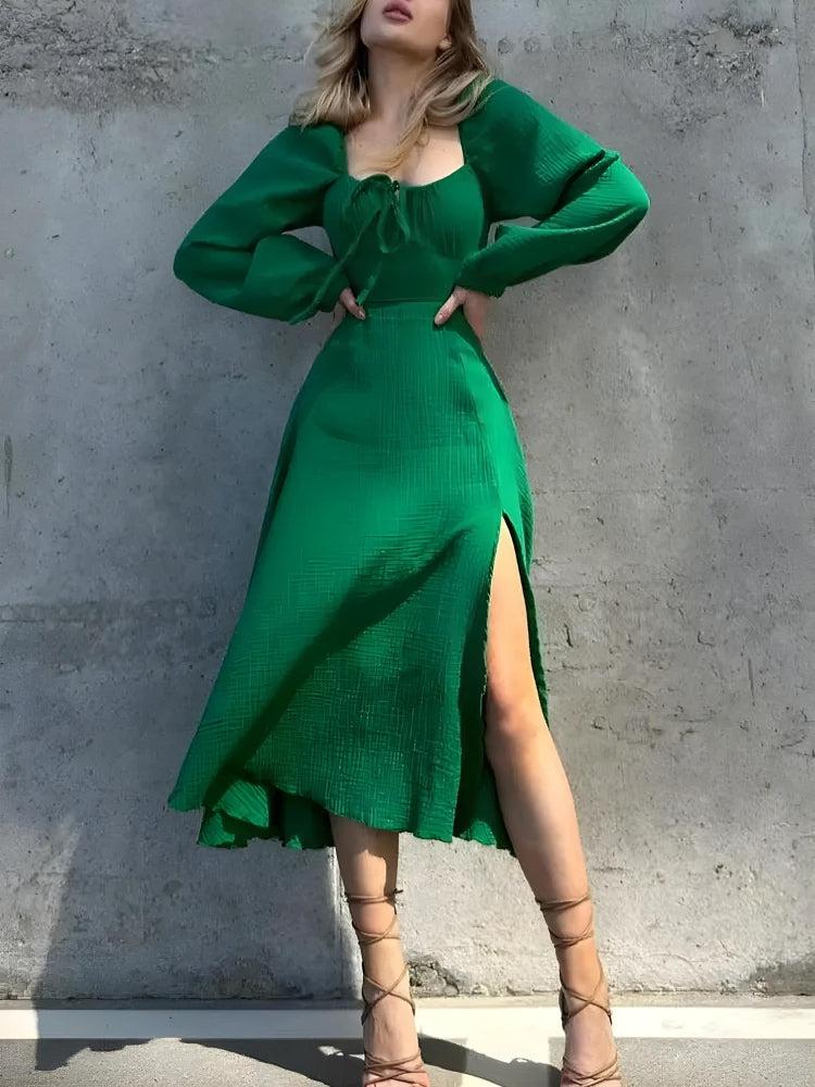 Slit Printed Short Sleeve Midi Dress