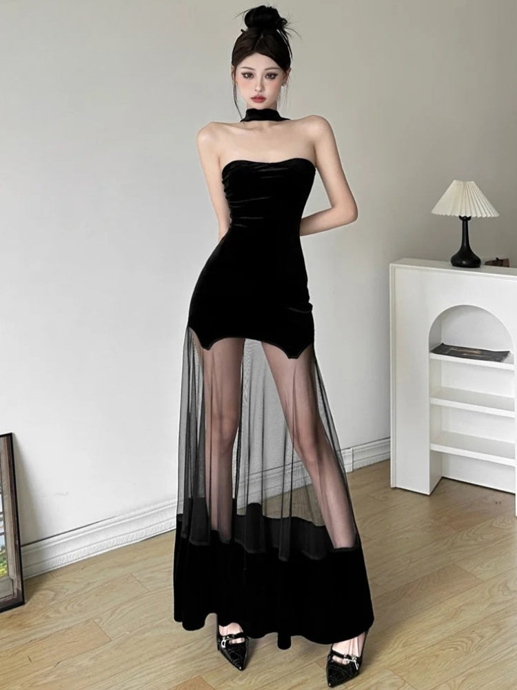 strapless sheer maxi dress Strapless Sheer Bustier-Inspired Bodice Side Slit Long Prom Dress