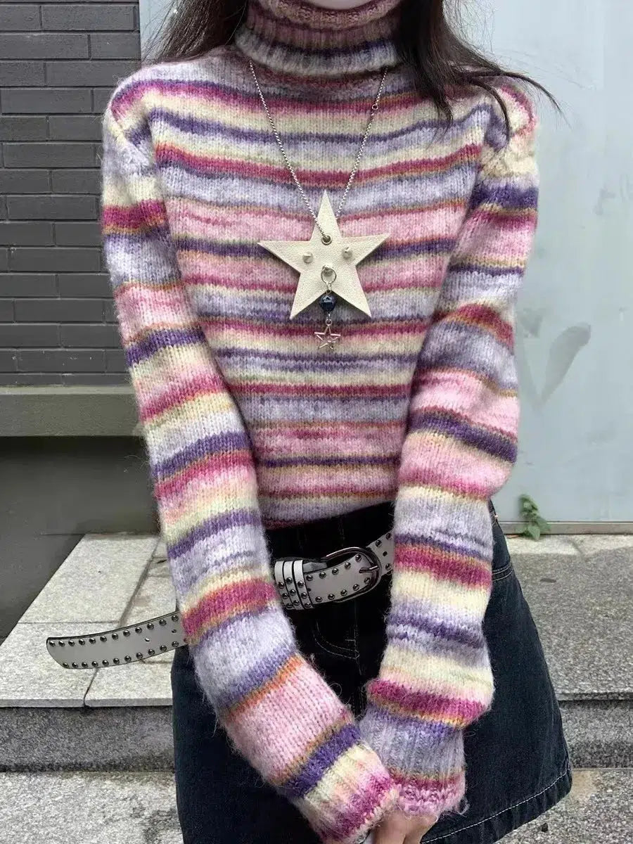 Striped Slit Turtleneck Drop Shoulder Sweater