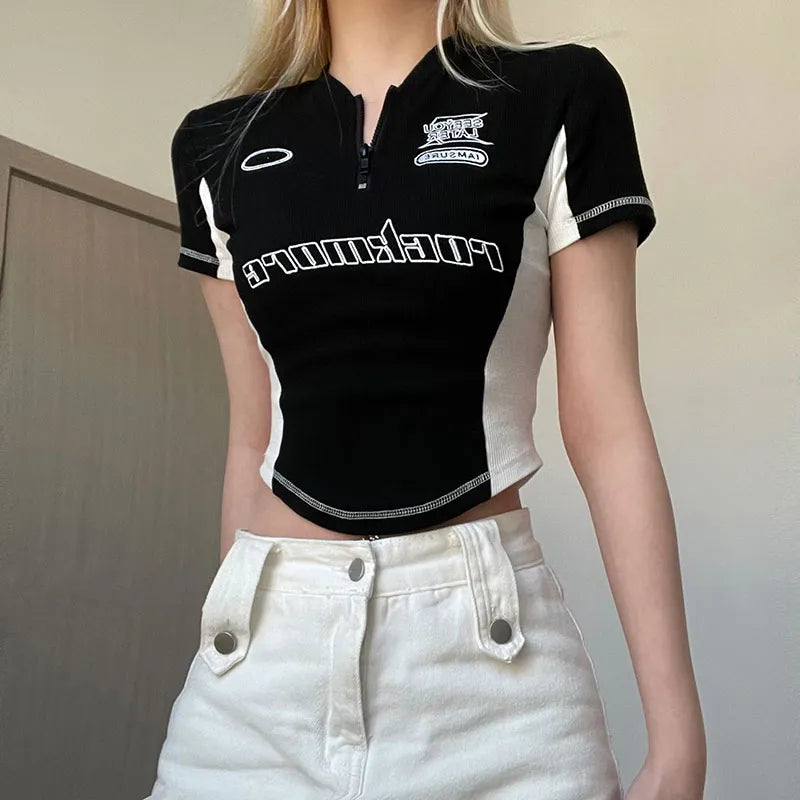 Y2K Biker Half Zip Crop Top - Litlookz Studio