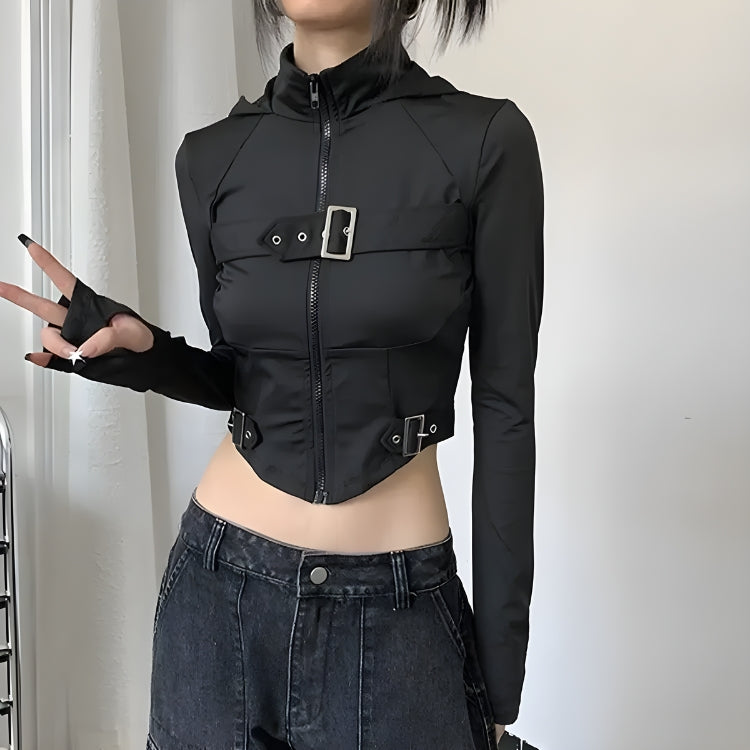 サイバーパンク ベルト付きジップアップクロップジャケット - Litlookz