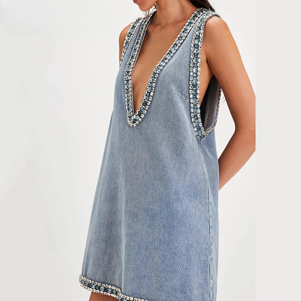 Y2K Deep V Denim Mini Dress - Litlookz Studio Y2K Deep V Denim Mini Dress - Litlookz Studio