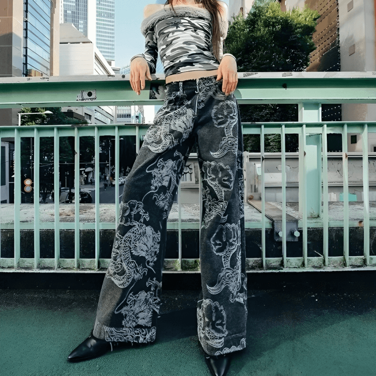KRUSH　CLOTHING　龍　和柄　ストレートデニム　Y2K　Dragon Y2K Dragon Printed Jeans - Litlookz Studio