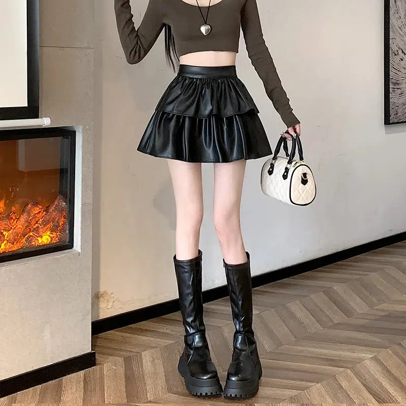 フェイクレザー Aライン ミニスカート - Litlookz Studio