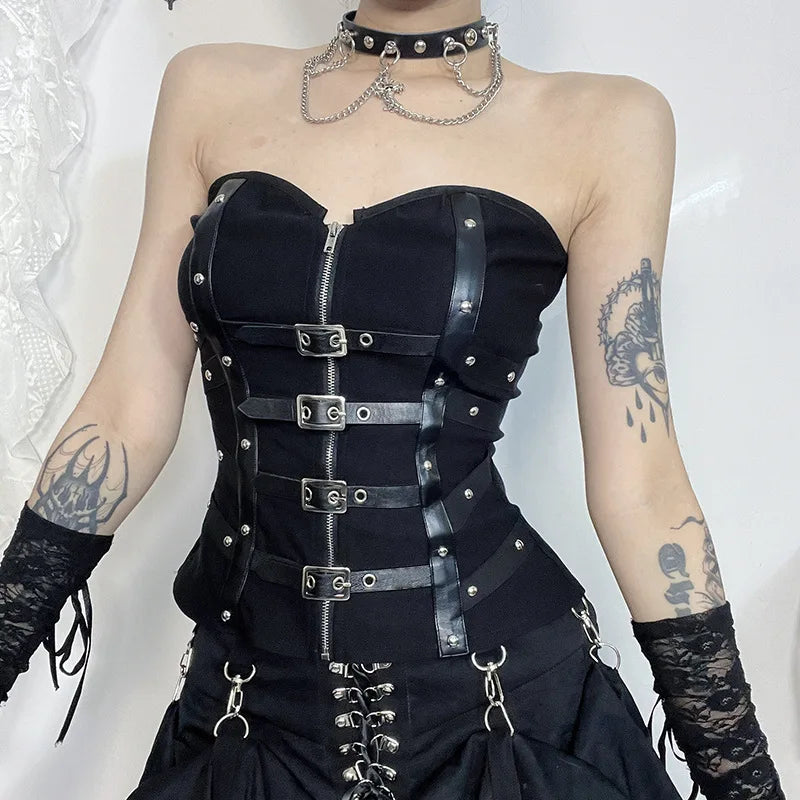 Y2K Goth Buckle Zip Up Top - Litlookz Studio
