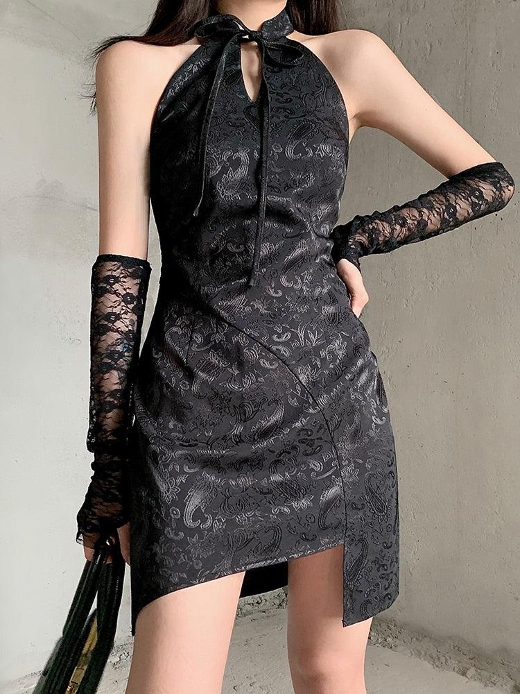 Y2K Goth Halter Mini Dress - Litlookz Studio Y2K Goth Halter Mini Dress - Litlookz Studio