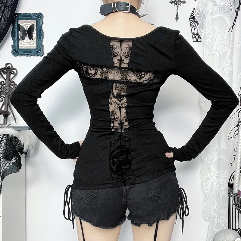 Y2K Goth Lace Cross Back Top - Litlookz Studio