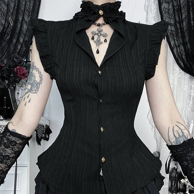 00s Frill Cropped Gothic Blouse Y2K ゴシック Y2K Goth Pleated Fitted Shirt - Litlookz Studio