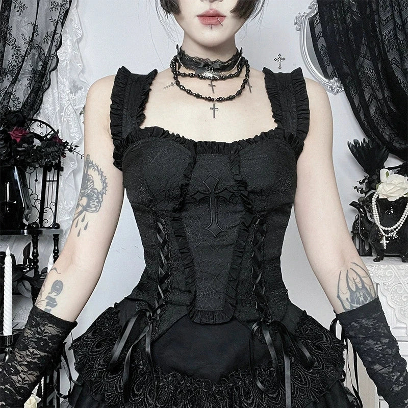 Y2K Goth Ruffled Corset Top - Litlookz Studio