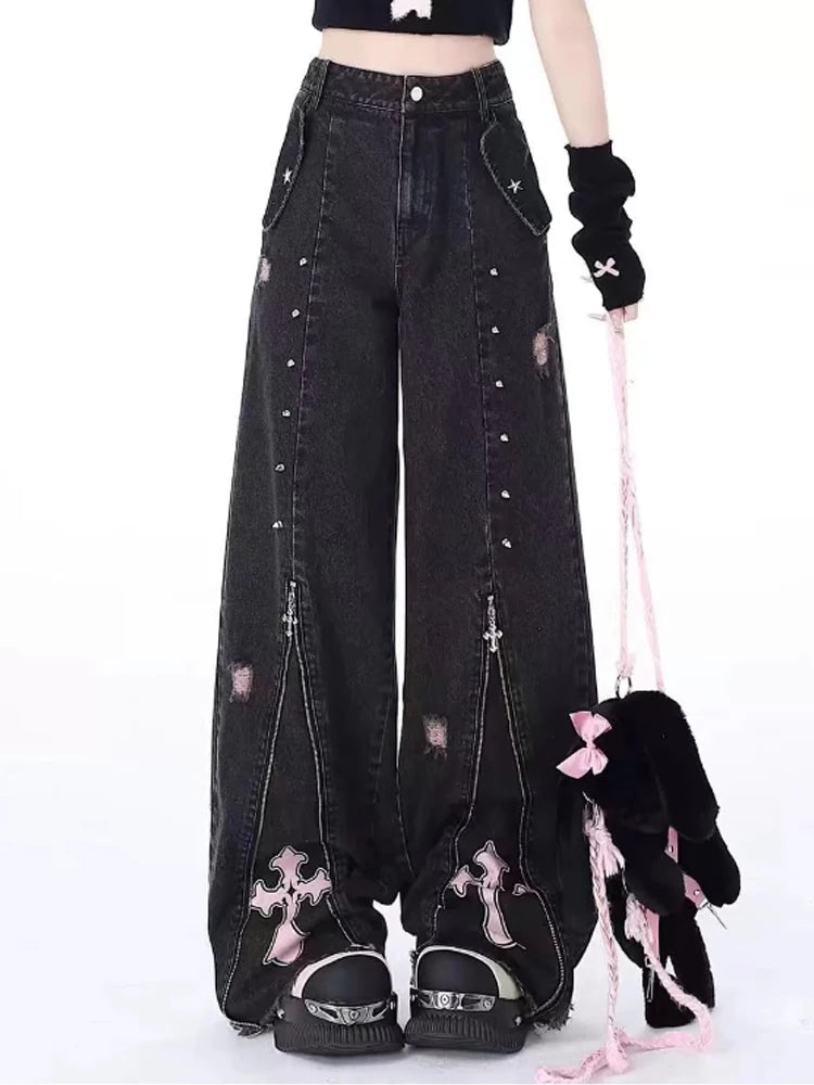 Y2K Grunge Cross Zip-Up Jeans - Litlookz Studio