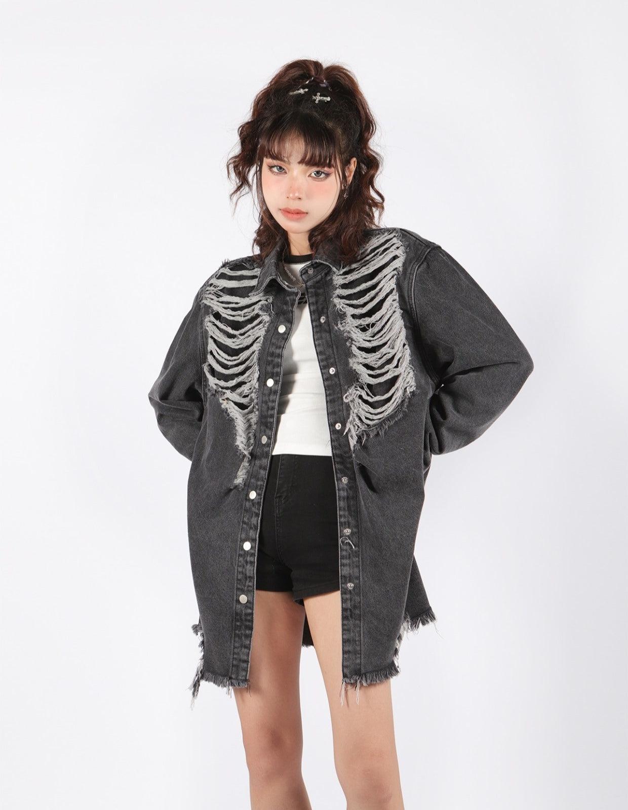 Y2K Grunge Distressed Denim Jacket - Litlookz Studio