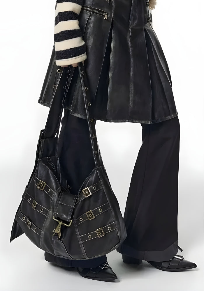 Y2K Grunge Faux Leather Belted Bag - Black