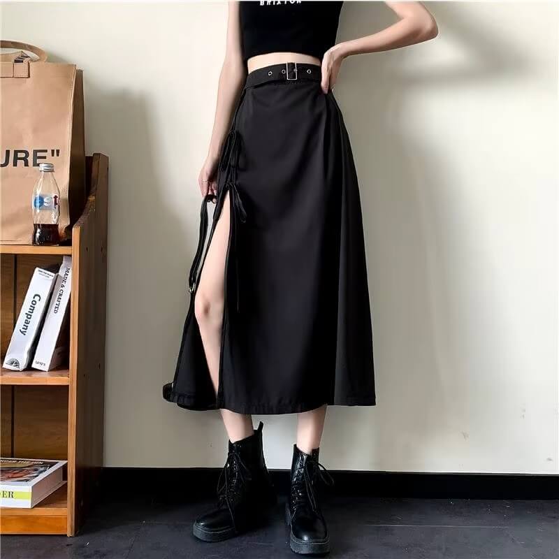 Y2K Grunge Lace Up Midi Skirt - Litlookz Studio