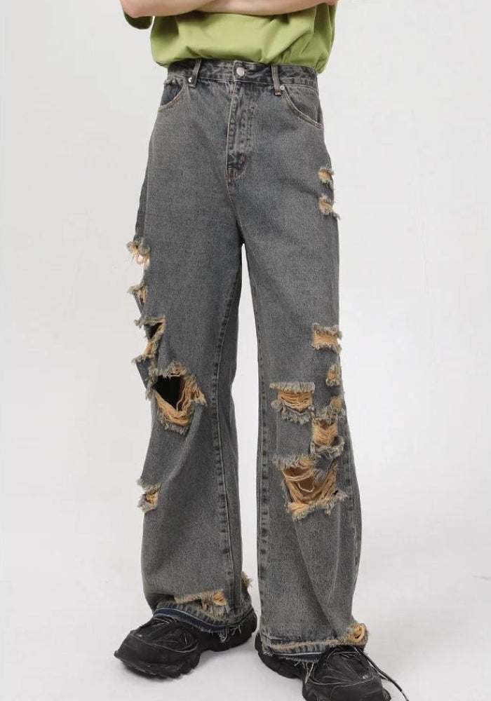 パンツ damage straight denim pants y2k grunge Y2K Grunge Ripped Straight Leg Jeans - Litlookz Studio