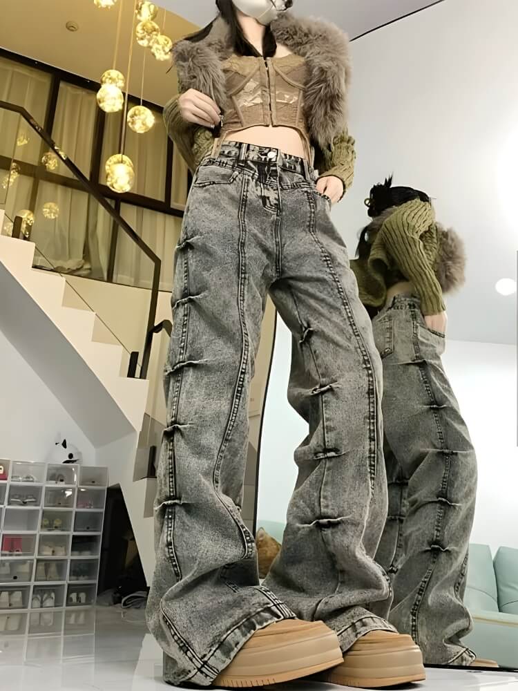パンツ 00s gray linen cropped wide pants y2k Y2K Grunge Wide Leg Jeans - Litlookz Studio