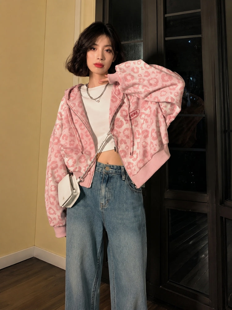 Y2K Pink Leopard Zip Hoodie - Litlookz Studio