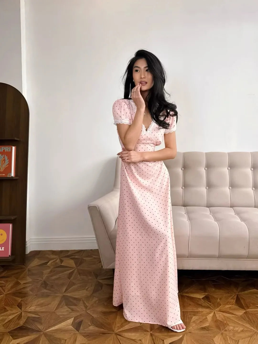 y2k maxi dress Y2K Pink Polka Dot Maxi Dress