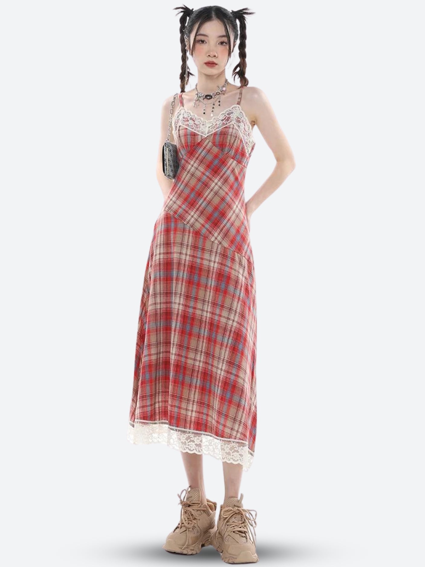 knee length dresses for ladies Y2k Plaid Lace Midi Dress