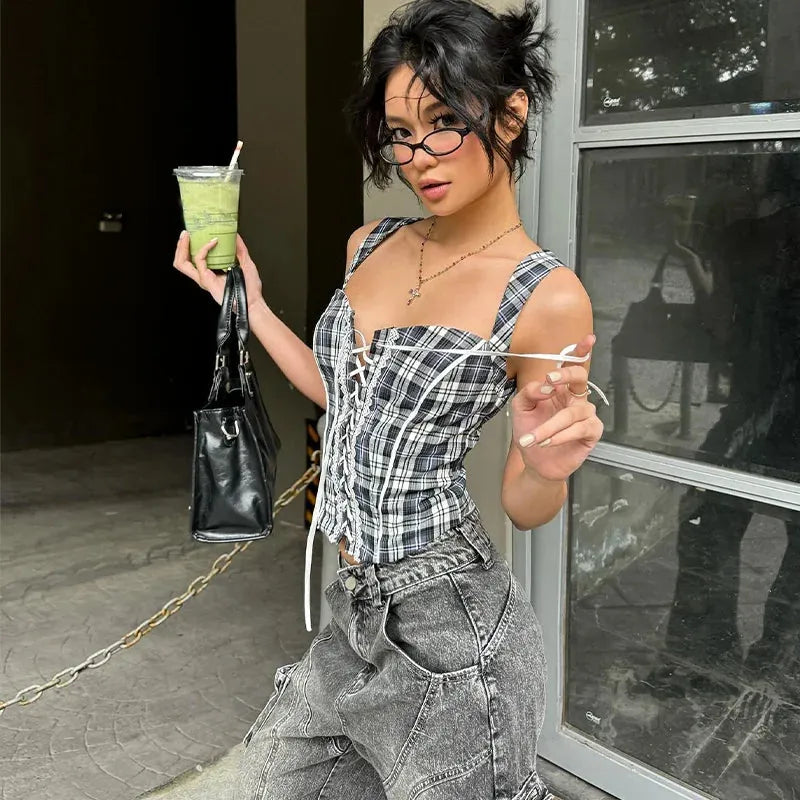 Y2K Plaid Lace Up Top - Litlookz Studio