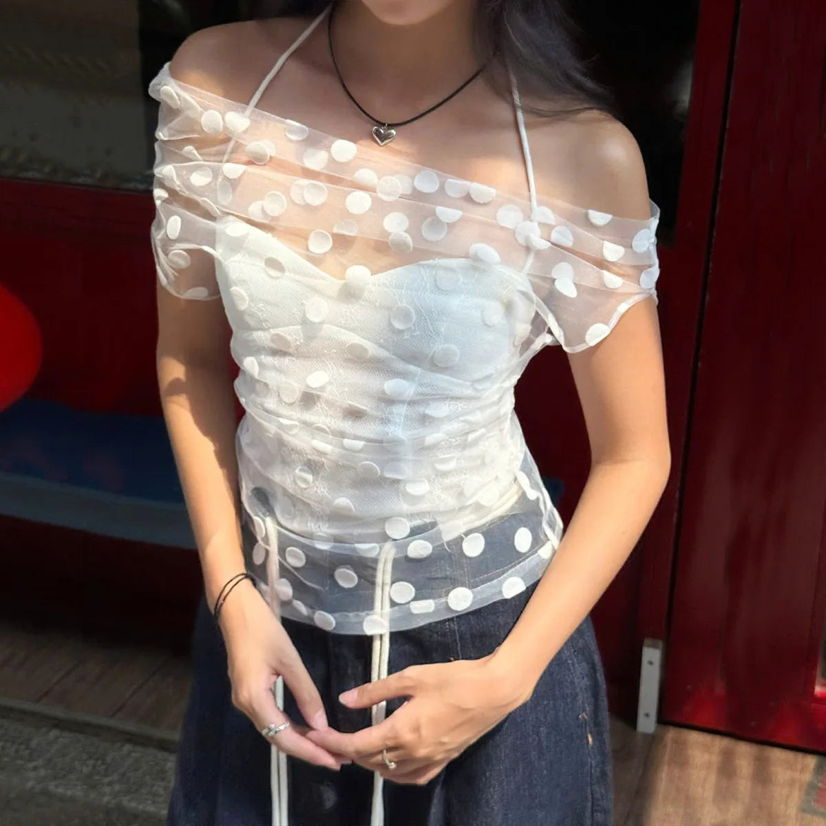 レディース Y2K Dot Tulle Knit Balloon Sleeve
