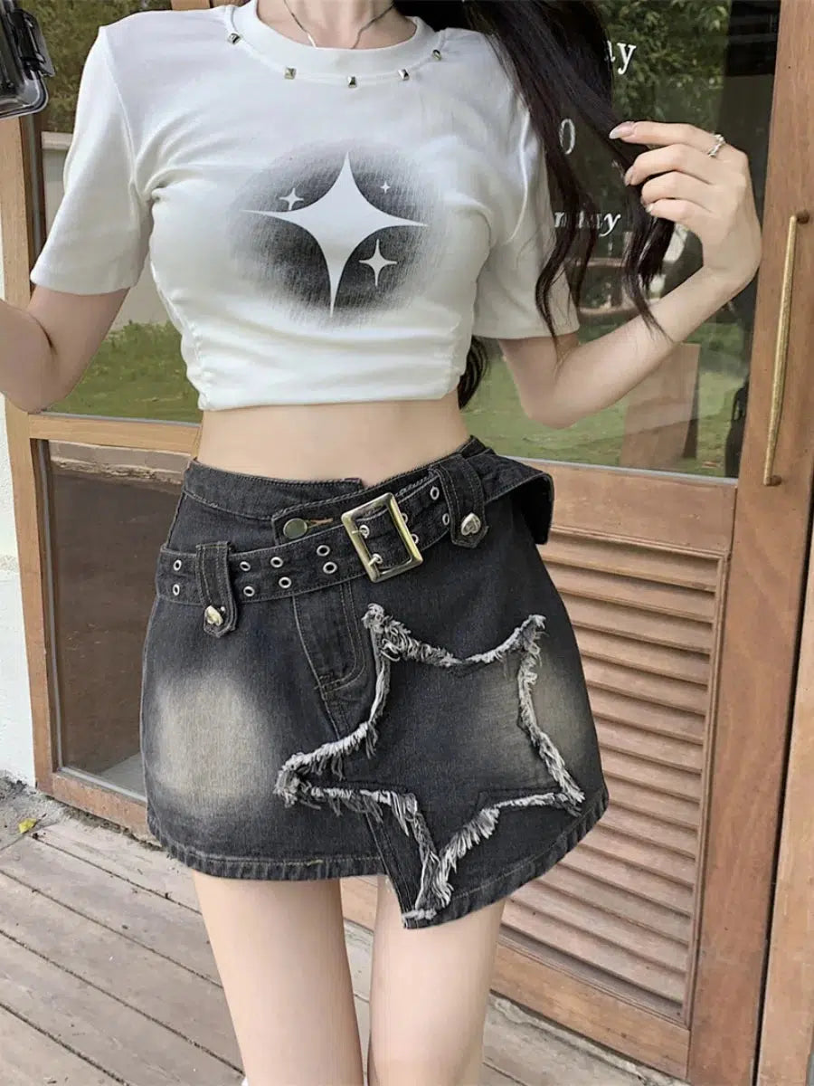 Y2K Star Asymmetric Denim Mini Skirt - Litlookz Studio Y2K Star Asymmetric Denim Mini Skirt - Litlookz Studio