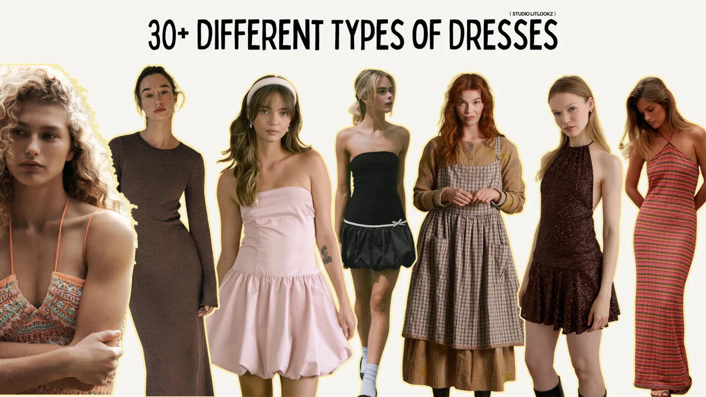 30+ different types of dresses displayed side by side, featuring A-line, bodycon, maxi, mini, and slip dress styles