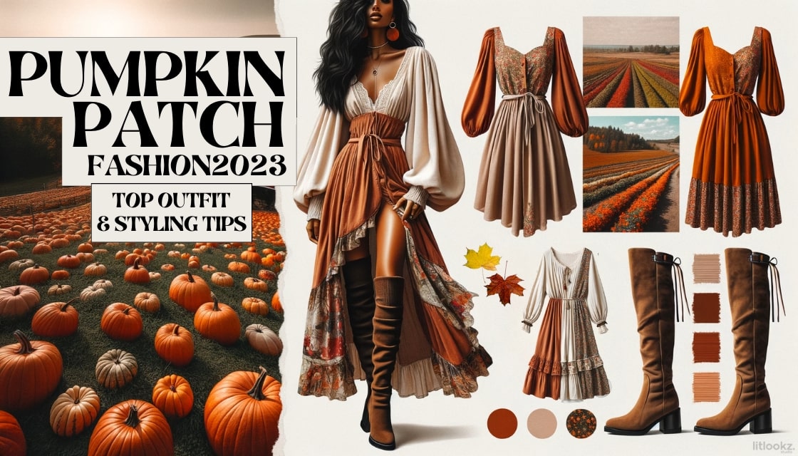 Collage of 2023 autumn outfits, pumpkin patch landscapes, and fashion accessories 