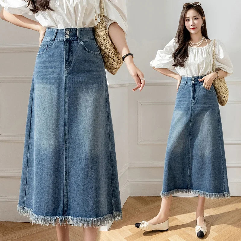 A-Line Denim Midi Skirt
