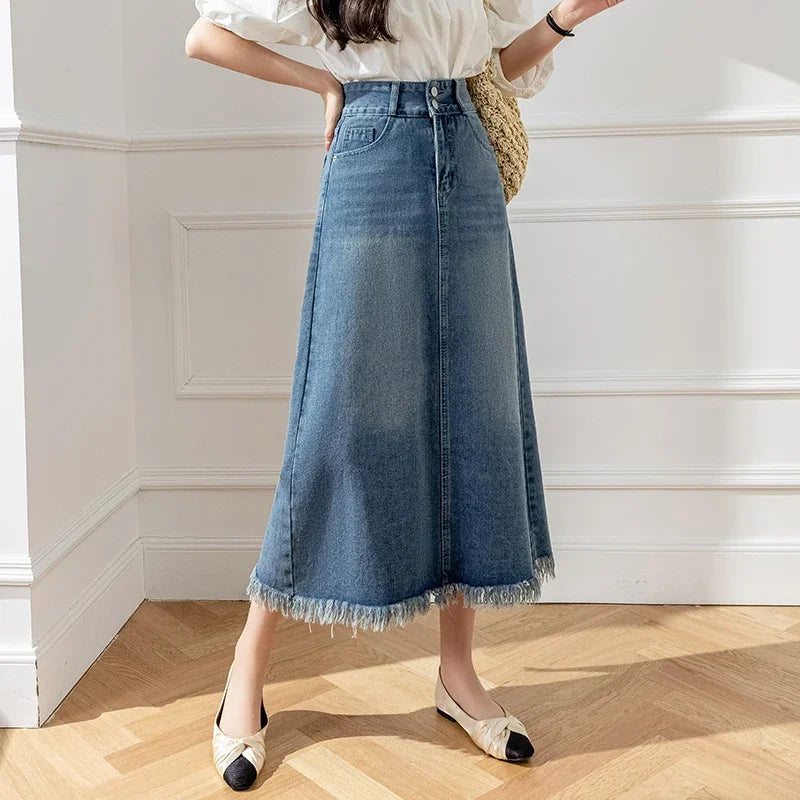A-Line Denim Midi Skirt