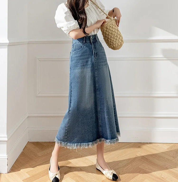 A-Line Denim Midi Skirt