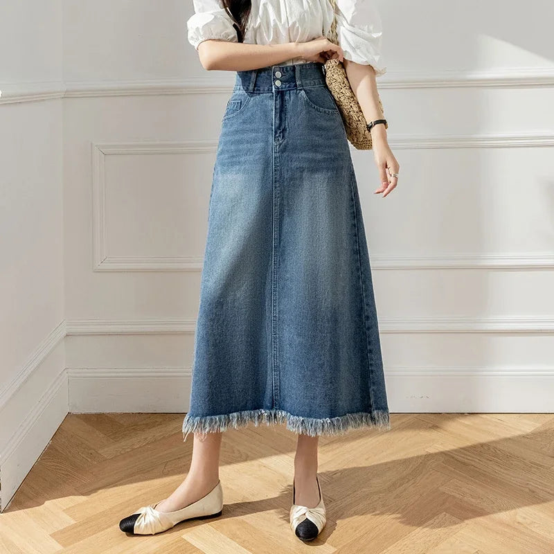 A-Line Denim Midi Skirt