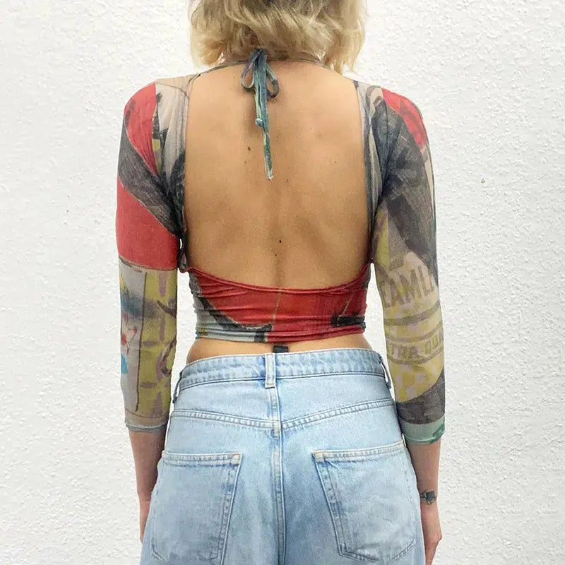 Abstract Woman Backless Crop Top