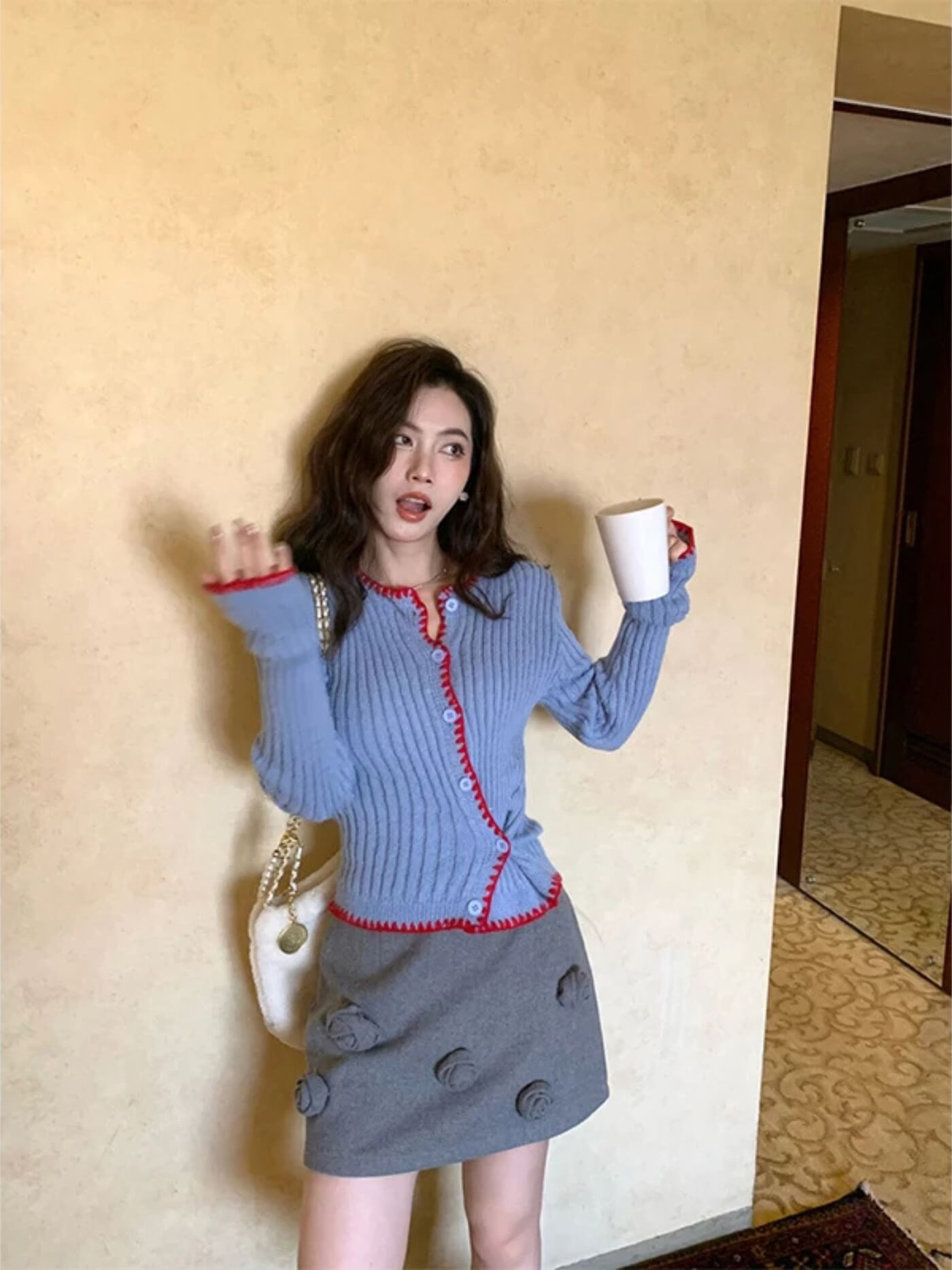 Asymmetric Contrast Trim Knit Cardigan