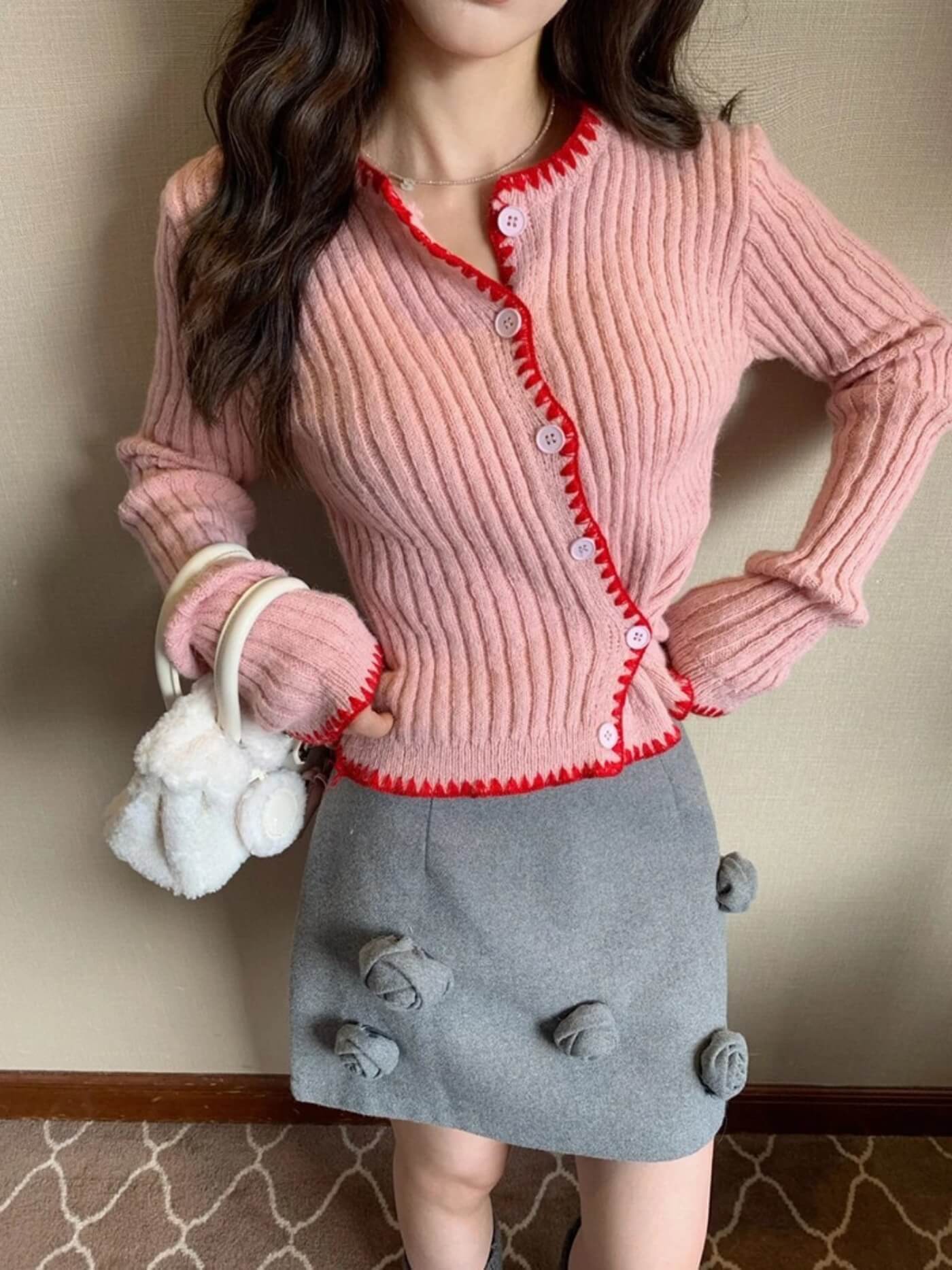 Asymmetric Contrast Trim Knit Cardigan