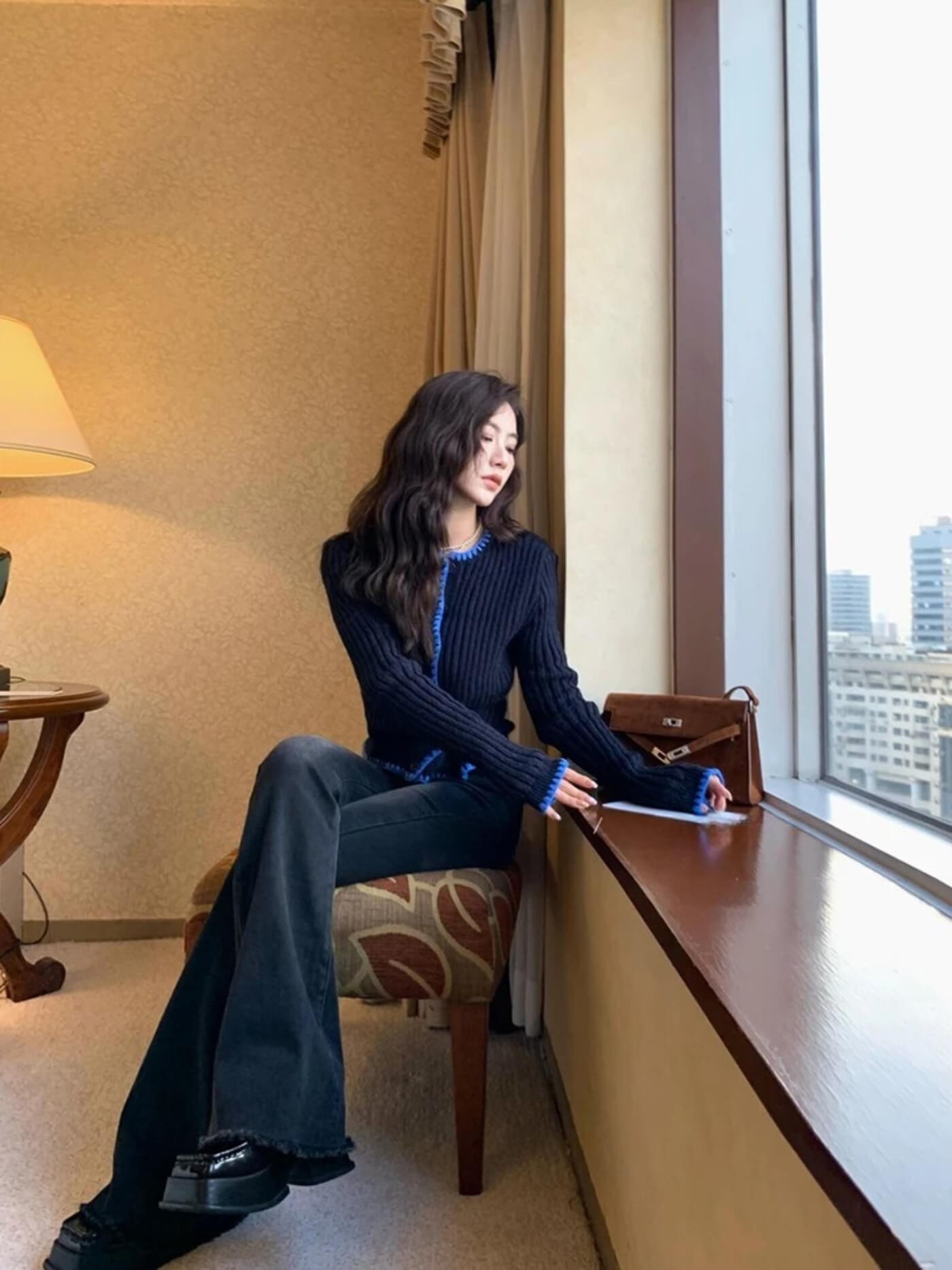 Asymmetric Contrast Trim Knit Cardigan